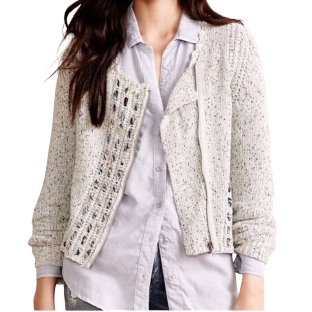Anthropologie Knitted & Knotted Ribbon Ripples Gray Woven Crochet Zip Cardigan S